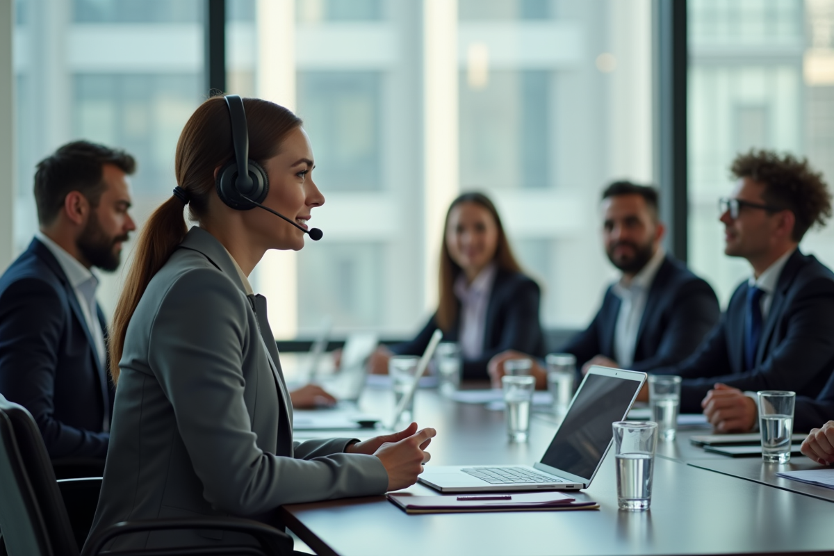 Interprète professionnel avec casque dans une salle moderne