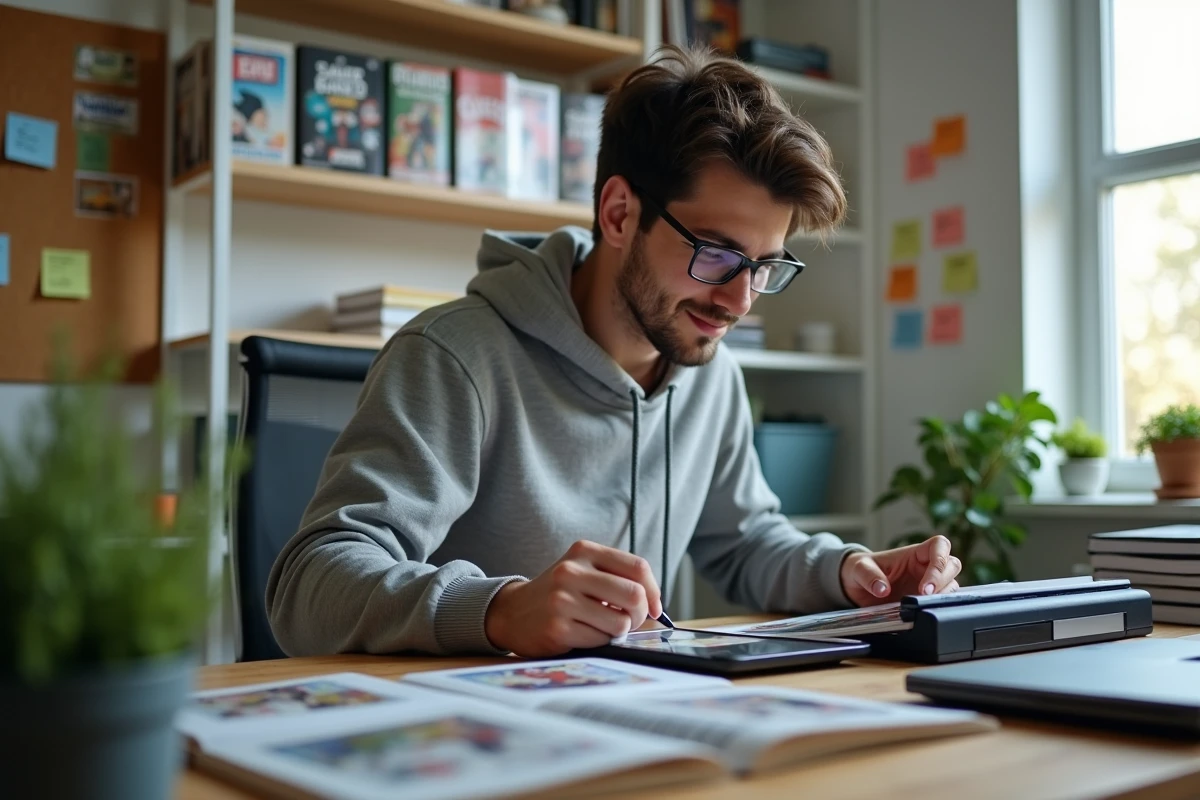 Étudiant scannant des mangas dans son bureau moderne