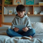 Garçon ado lisant manga sur tablette dans sa chambre