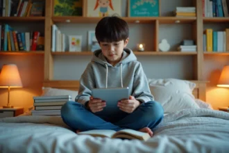 Garçon ado lisant manga sur tablette dans sa chambre
