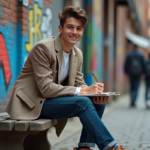 Jeune artiste urbain assis sur un banc graffité avec carnet