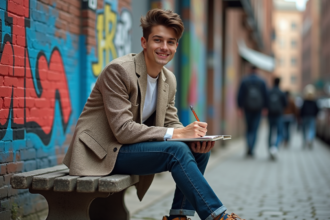 Jeune artiste urbain assis sur un banc graffité avec carnet