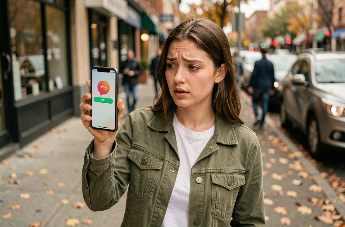 Jeune femme dans la rue consultant une notification d'appel manqué d'un numéro suspect 0270 sur son téléphone