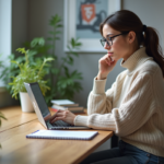 Jeune femme en ligne d'apprentissage dans un bureau lumineux