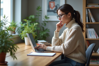 Jeune femme en ligne d'apprentissage dans un bureau lumineux