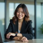 Jeune femme au bureau regardant sa montre digitale à 08h08