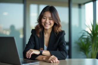 Jeune femme au bureau regardant sa montre digitale à 08h08