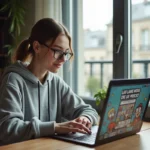 Jeune femme en hoodie gris utilisant un ordinateur portable