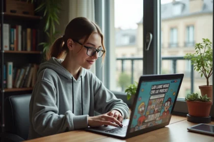 Jeune femme en hoodie gris utilisant un ordinateur portable