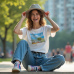 Jeune femme en denim cargo et t-shirt blanc dans un parc urbain