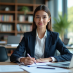 Jeune femme en costume de droit dans une bibliothèque moderne