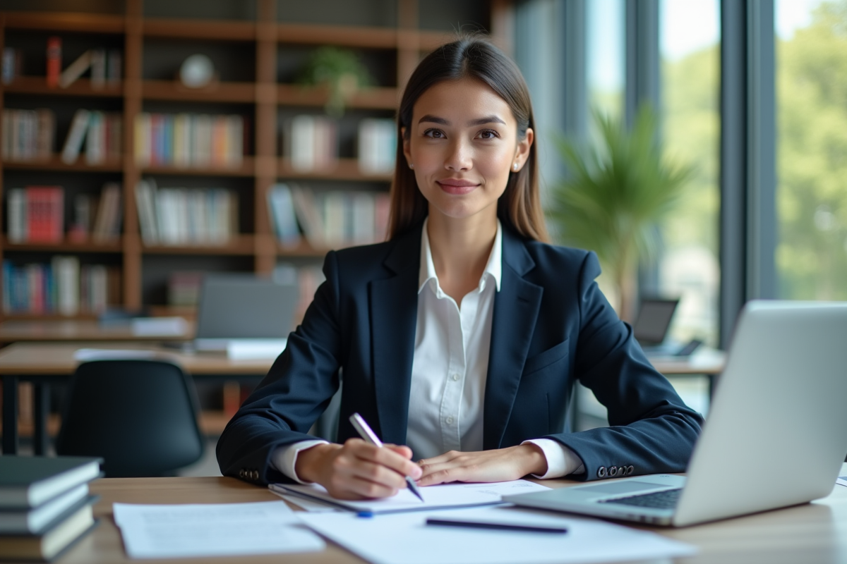 Jeune femme en costume de droit dans une bibliothèque moderne