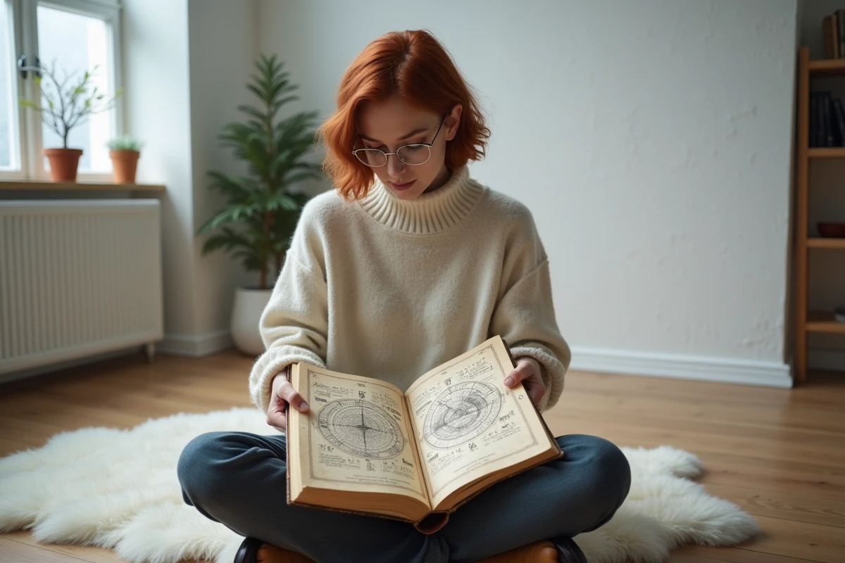 Jeune femme consultant un grimoire illustré avec des runes inversées chez elle