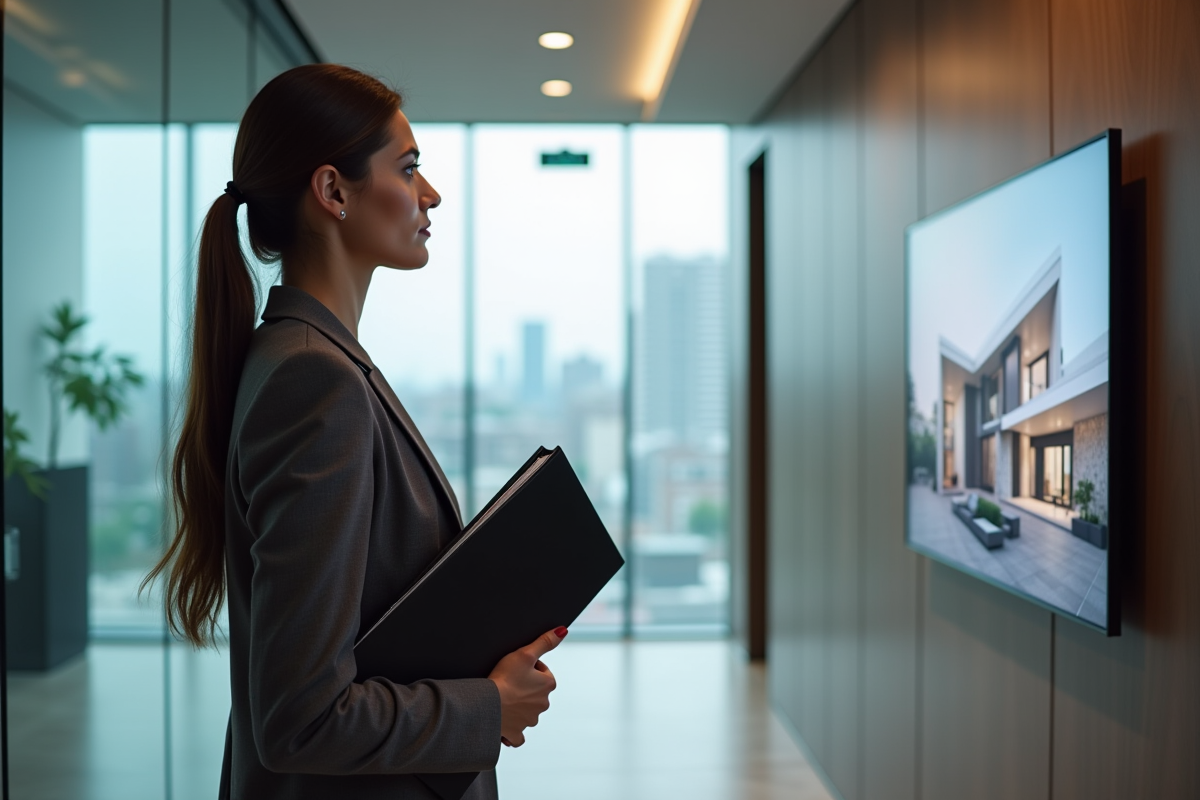 Jeune femme professionnelle regardant une annonce immobiliere