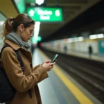 Jeune femme dans le métro parisien vérifiant les horaires