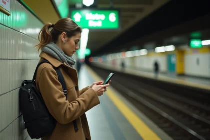 Jeune femme dans le métro parisien vérifiant les horaires
