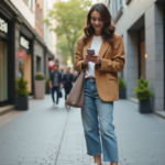 Jeune femme souriante utilisant une application mode en ville