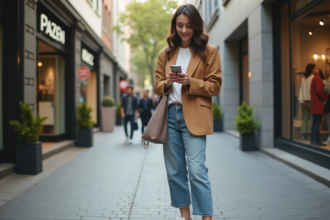 Jeune femme souriante utilisant une application mode en ville