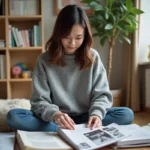 Jeune femme organisant des pages de manga dans sa chambre