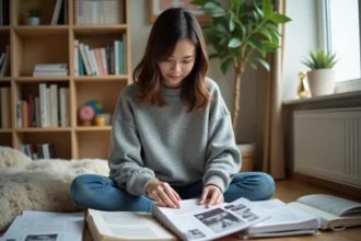 Jeune femme organisant des pages de manga dans sa chambre