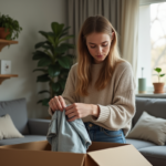 Jeune femme pliant des vêtements dans un appartement