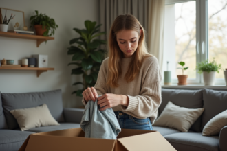 Jeune femme pliant des vêtements dans un appartement