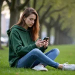 Jeune femme en hoodie vert utilisant son smartphone dans un parc