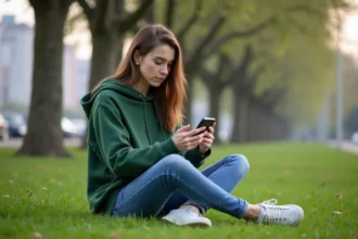 Jeune femme en hoodie vert utilisant son smartphone dans un parc