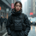 Jeune femme en techwear noir dans une rue urbaine pluvieuse