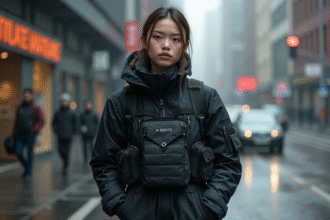 Jeune femme en techwear noir dans une rue urbaine pluvieuse