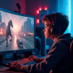 Jeune gamer concentré devant un grand écran de jeu lumineux