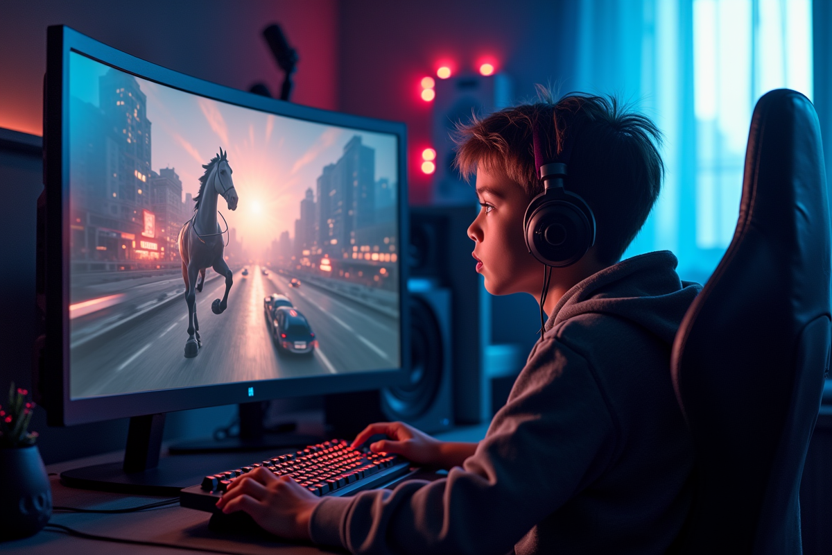 Jeune gamer concentré devant un grand écran de jeu lumineux