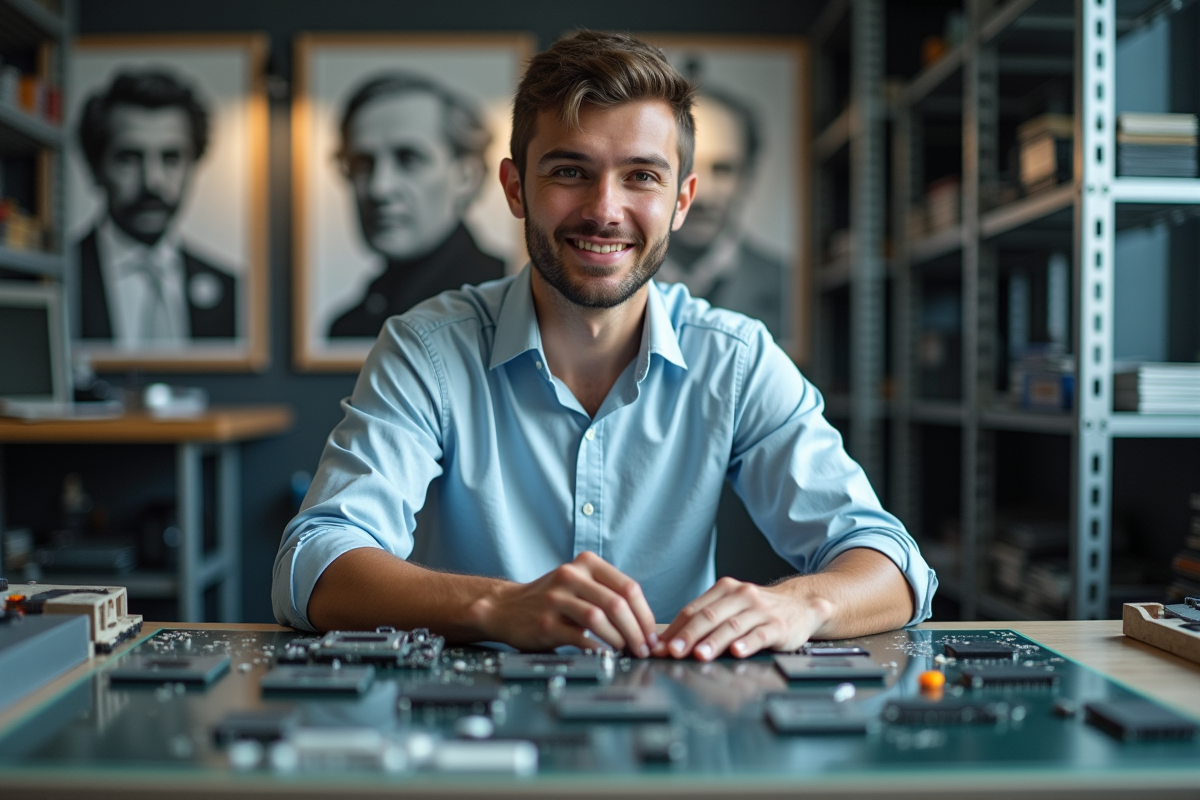 Jeune homme moderne assemblant des circuits électroniques
