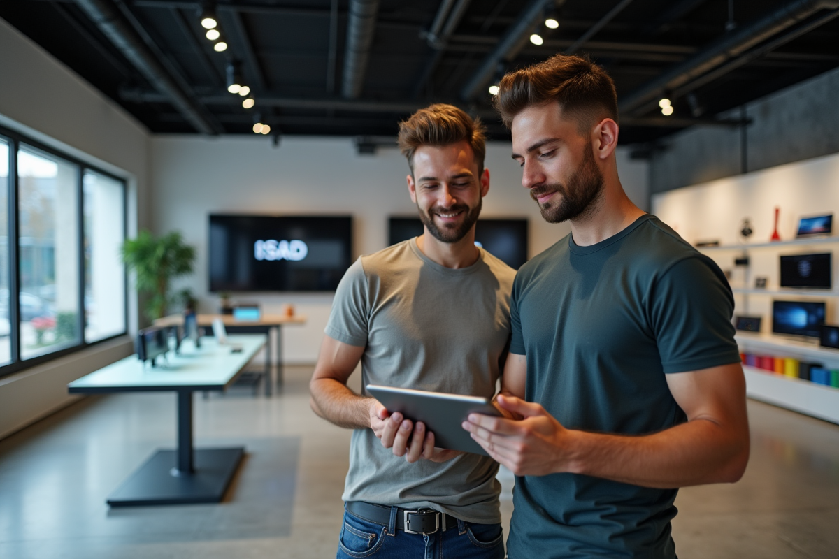 Jeune homme montrant une tablette à un ami dans un magasin moderne