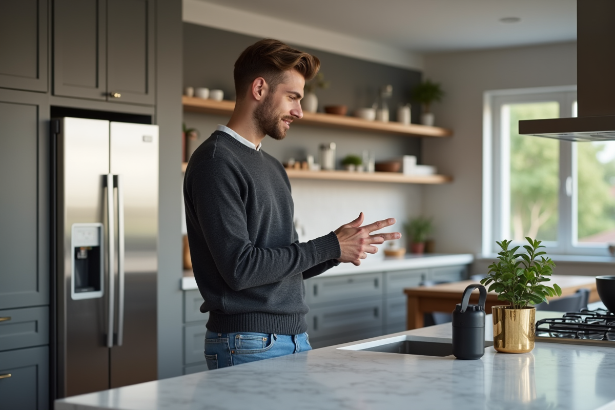 Jeune homme interagissant avec un assistant vocal dans une cuisine moderne
