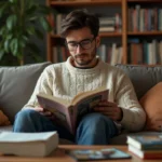 Jeune homme lisant manga français sur un sofa cosy