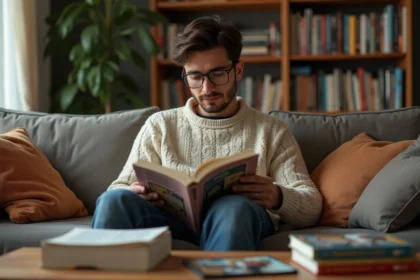 Jeune homme lisant manga français sur un sofa cosy