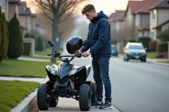 Jeune homme ajustant son casque à côté d'un quad 50cc en ville