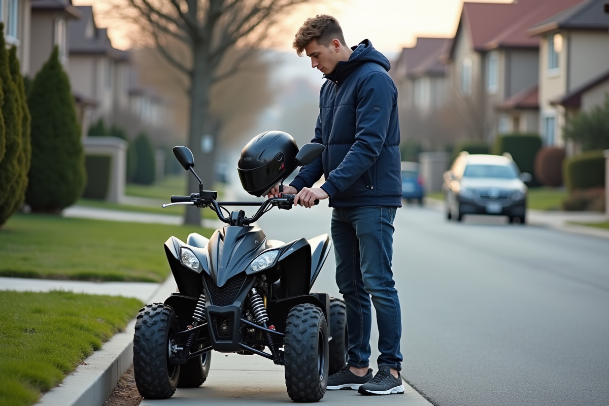 Jeune homme ajustant son casque à côté d'un quad 50cc en ville