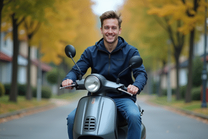 Jeune homme souriant sur un scooter en quartier résidentiel