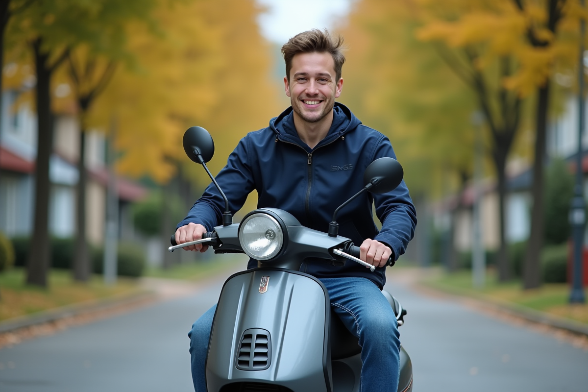 Jeune homme souriant sur un scooter en quartier résidentiel