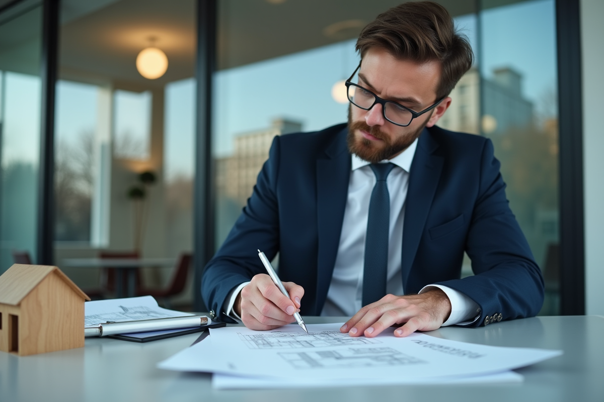 Jeune professionnel signant un contrat de prêt immobilier au bureau