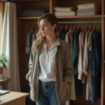 Jeune adulte nonbinaire choisissant ses vêtements dans une chambre chaleureuse