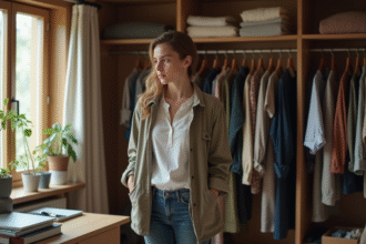 Jeune adulte nonbinaire choisissant ses vêtements dans une chambre chaleureuse