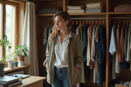 Jeune adulte nonbinaire choisissant ses vêtements dans une chambre chaleureuse