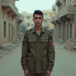 Jeune homme en uniforme militaire dans une rue détruite