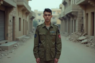 Jeune homme en uniforme militaire dans une rue détruite