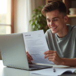 Jeune adulte souriant utilisant un ordinateur pour consulter Pôle Emploi