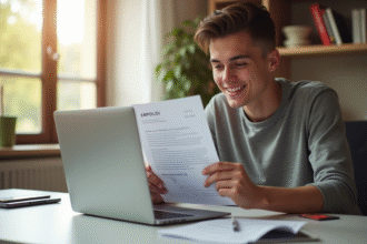 Jeune adulte souriant utilisant un ordinateur pour consulter Pôle Emploi