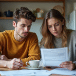 Jeunes adultes regardant des papiers de factures dans une cuisine